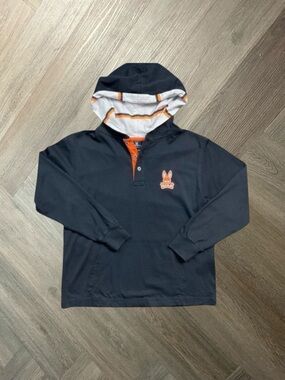 Psycho Bunny Hoodie Boys Medium 10/12 Black Orange Long Sleeve Rugby Shirt Retro